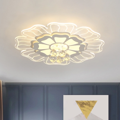 Sunflower LED Flush Mount Ceiling Light Contemporary White Acrylic Flushmount with Crystal Drop