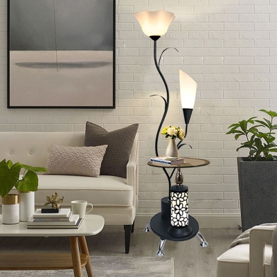 White/Black LED Stand Up Light Countryside Cream Glass Floral Floor Table Lamp for Living Room