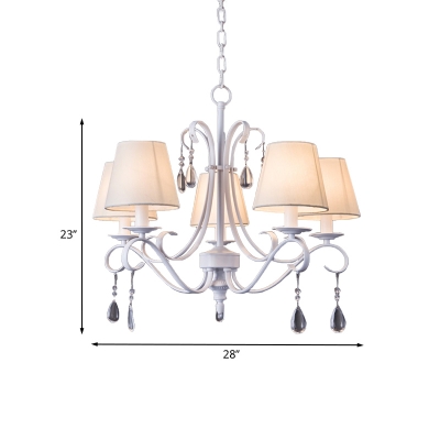 White Finish Scroll Chandelier Lighting Traditional 5 Heads Iron Ceiling Pendant Lamp with Barrel Fabric Shade