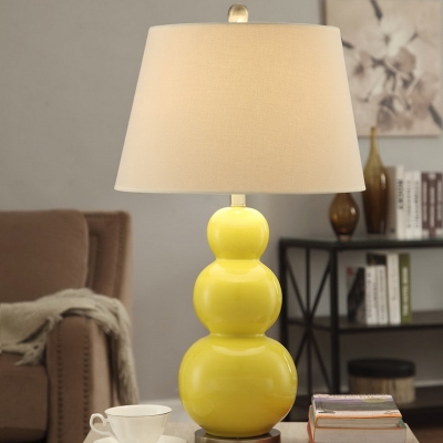 Yellow Triple Gourd Night Lamp Country Style Ceramic 1 Bulb Living Room Table Light with Fabric Lampshade
