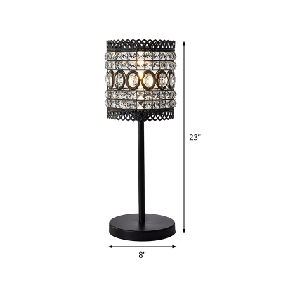 1-Light Gridded Barrel Table Lamp Mid Century Black Metal Night Light with Embedded Crystal