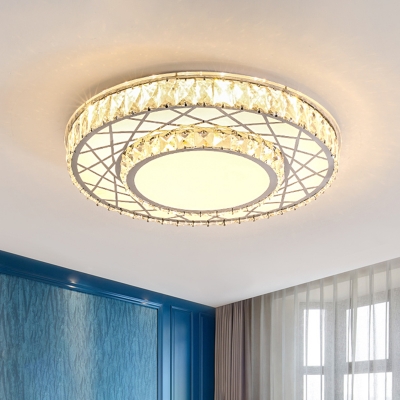 2-Tier Round Crystal Flush Mount Minimalist Hotel LED Ceiling Lighting with Crisscrossed Pattern in Stainless Steel