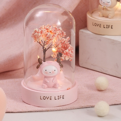 Sika Deer Night Stand Lamp Cartoon Resin Beige/Pink LED Table Lighting with Elongated Bell Clear Glass Shade