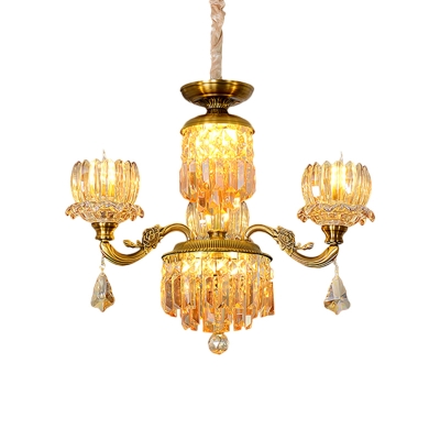 3 Bulbs Lotus Up Chandelier Traditional Brass Finish Crystal Prism Hanging Pendant Light for Dining Room