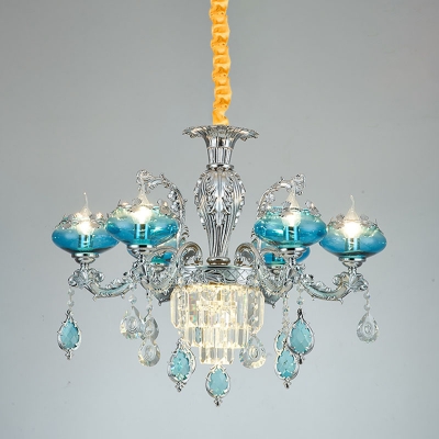 6-Light Blue Crystal Glass Ceiling Chandelier Mid Century Chrome Flower Bedroom Suspension Lamp