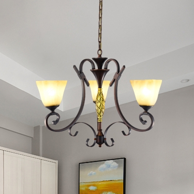 Antiqued Scroll Arm Hanging Chandelier 3 Heads Metallic Ceiling Pendant Light in Bronze with Amber Glass Shade