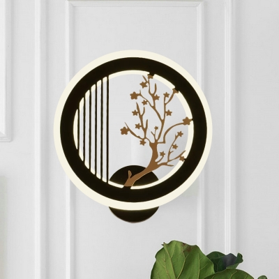 Black Plum/Bamboo Mural Light Fixture Asia Acrylic LED Circle Wall Mounted Lamp for Hotel Decoration