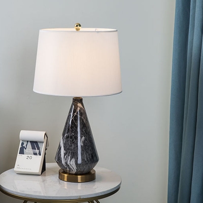 Black/White Diamond Night Light Simple Marble-Textured Ceramic Single Living Room Table Lamp with Drum Fabric Shade