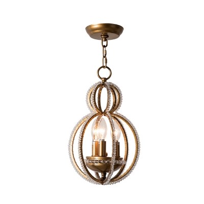 Bronze 3-Light Candle Hanging Chandelier Antiqued Style Crystal Bead Gourd Frame Pendulum Lamp