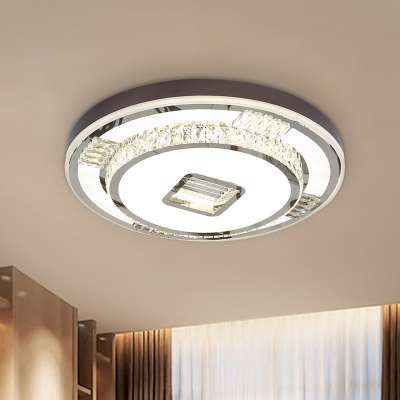 Coin Shaped LED Ceiling Lighting Modernist White Faceted Crystal Flush Mount Fixture