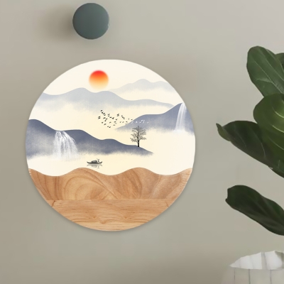 Disc Shaped Bedside LED Wall Mount Lamp Acrylic Chinese Mountain-River/Bird-Branch Mural Light Fixture in Wood