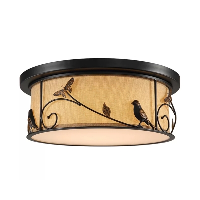 Drum Fabric Ceiling Mounted Lamp Country Style LED Bedroom Flush Lighting with Bird Deco in Black
