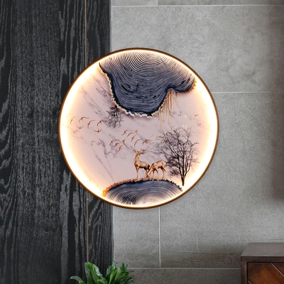 Elk/Bird Restaurant Mural Sconce Lamp Aluminum Asian Style LED Wall Mount Fixture in Black