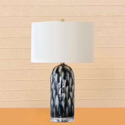 Fabric White Night Table Light Drum 1 Bulb Living Room Desk Lamp with Column Ceramics Base