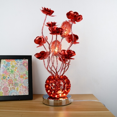 Flower and Ball Aluminum Wire Table Light Art Deco LED Bedside Night Lamp in Red