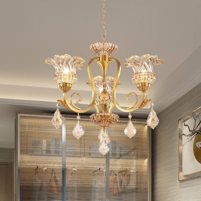 Flower Crystal Hanging Light Kit 3-Light Living Room Chandelier Lamp Fixture in Gold