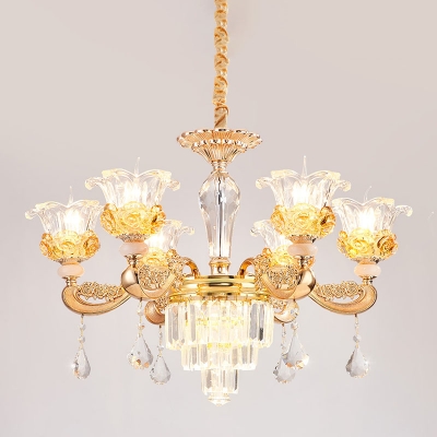 Gold Finish 6 Lights Chandelier Lighting Traditional Clear Crystal Flower Ceiling Hang Fixture