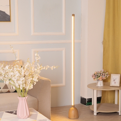 Gold Linear Floor Standing Lamp Minimal LED Iron Floor Lighting with Dome Wood Base
