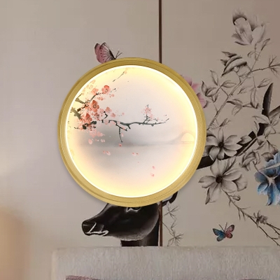 Gold Round/Square Wall Mural Lamp Asia Metallic LED Wall Light Fixture with Peach Blossom/Sunrise Pattern