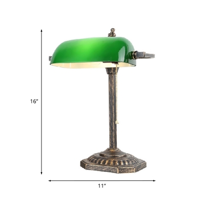 Green Glass Semi-Cylinder Banker Lamp Vintage 1-Light Studio Table Light with Pull Chain in Bronze