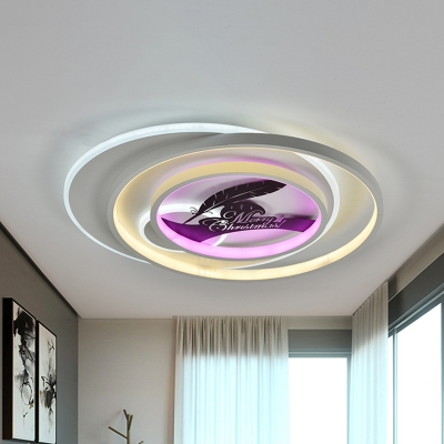Iron Circular Flush Light Fixture Modern White LED Ceiling Lamp with Deer/Feather/Flower Silhouette