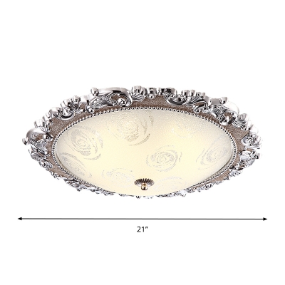 LED Ceiling Mounted Lamp Countryside Dome Shade White Glass Flush Lighting in Silver