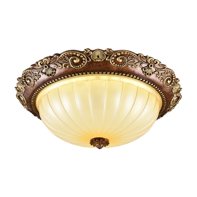 LED Domed Flushmount Lighting Country Style Brown Finish Ribbed Glass Flush Mount Lamp Fixture, 14