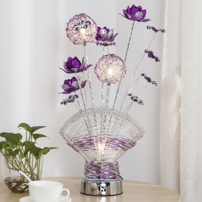 LED Nightstand Light Art Deco Florals and Vase Metallic Wire Table Lamp in Red/Purple for Bedroom