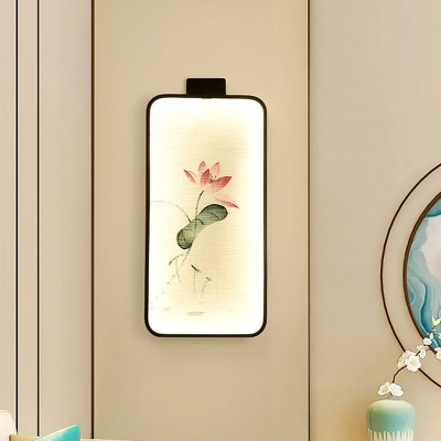 Lotus/Peach Blossom Hotel Wall Mural Lamp Fabric Chinese LED Wall Sconce Lighting in Black