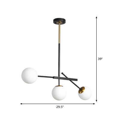 Minimalist Branching Drop Lamp White Ball Glass 3 Heads Dining Room Ceiling Chandelier in Black and Gold