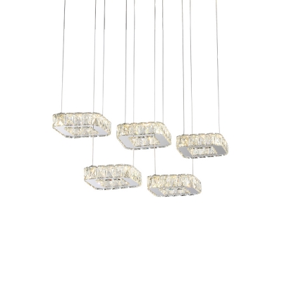 Nickel Finish Square Multi Ceiling Light Simple 5-Light Crystal LED Pendulum Lamp