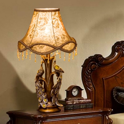 Peacock Bedside Accent Table Lamp Countryside Print Fabric 1 Bulb Gold Night Light with Fringe and Flared Fabric Shade