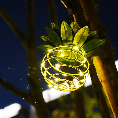 Pineapple Solar Powered Lantern Pendant Modern Portable Metallic Patio Hanging Lamp in Green and Gold