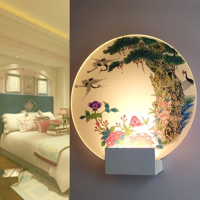 Round Bedroom Wall Light Acrylic Chinese Style LED Mural Lamp in White with Halcyon and Spring Blossom Pattern