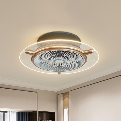 Round Bladeless Ceiling Fan Light Modern Acrylic Dining Room LED Semi Flush Mount with Grill in Gold, 22