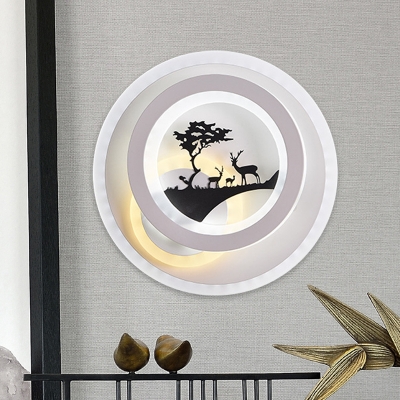 Round Sconce Light Fixture Minimalist Acrylic LED White-Black Wall Mounted Lamp with Tree Pattern