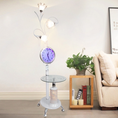 Ruffle Glass Flower Tree Standing Floor Lamp Countryside LED Bedroom Floor Table Light with Clock Deco in White/Black