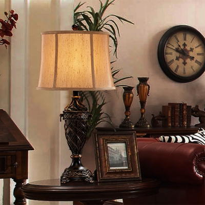 Single Resin Nightstand Light Farmhouse White/Black Finish Open Urn Base Living Room Fabric Desk Lamp