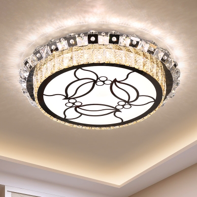 Stainless-Steel Drum Ceiling Mounted Lamp Contemporary LED Crystal Flushmount Lighting