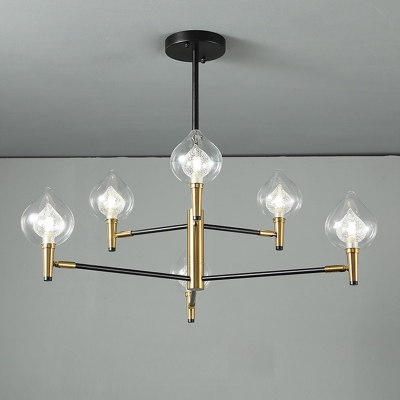 Tiered Burst Arm Chandelier Postmodern Metal 6/8 Bulbs Black and Gold Pendant Light with Teardrop Clear Glass Shade
