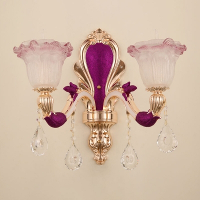 Traditional Flower Shade Wall Lighting Ribbed Glass 2 Heads Bedside Wall Lamp Fixture in Purple
