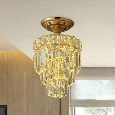 Traditional Layered Flush Light Fixture LED Crystal Block Semi Flush Mounted Lamp in Gold