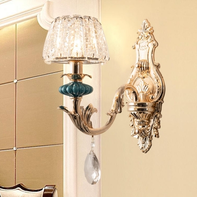 Truncated Cone Crystal Wall Light Antiqued 1/2-Bulb Bedroom Wall Sconce in Gold and Blue