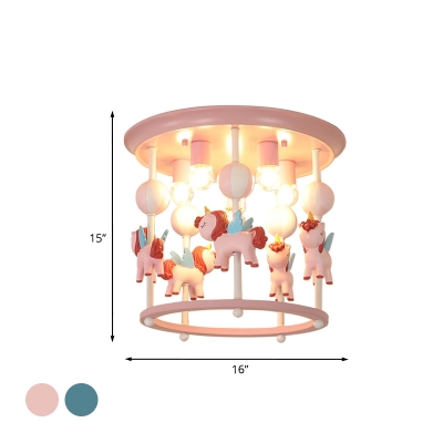 Unicorn Flush Light Fixture with Carrousel Design Cartoon Resin 6 Bulbs Blue/Pink Flush Mount