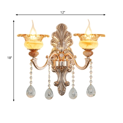 Wide Flare Amber Glass Sconce Traditional 1/2-Bulb Dining Room Wall Mount Lighting in Gold