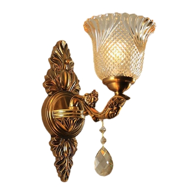 1/2-Light Flower Up Wall Light Fixture Traditional Brass Finish Clear Latticed Glass Wall Mounted Lamp
