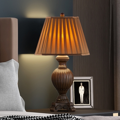1-Bulb Nightstand Light Rural Living Room Table Lamp with Cone Pleated Fabric Shade in Brown, 13
