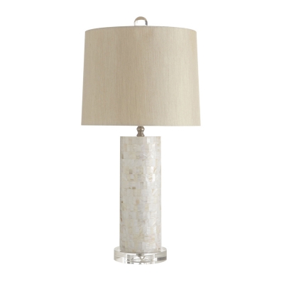 1-Head Shell Table Lighting Countryside White Cylinder Bedroom Nightstand Lamp with Drum Beige Fabric Shade