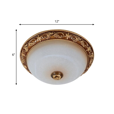 2/3 Bulbs Flush Lamp Fixture with Dome Shade Opal White Glass Farmhouse Dining Room Flush Light Fixture in Brown, 12