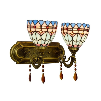 2-Light Bathroom Wall Lighting Tiffany Brass Sconce Lamp with Bell Blue Cut Glass Shade